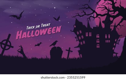 Happy halloween banner or party invitation background with violet fog clouds and pumpkins	