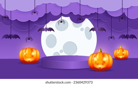 Happy Halloween banner or party invitation background with clouds,bats and spiders in paper cut style. 3d podium for halloween on a purple background. Vector illustration.