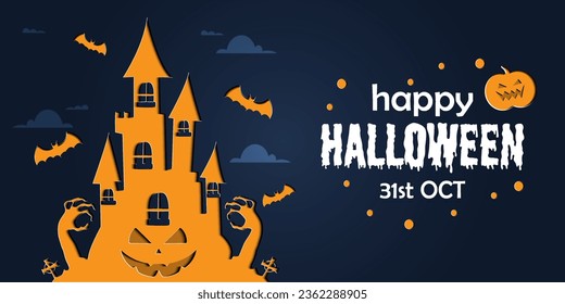 Happy Halloween banner or party invitation background in paper cut style.
