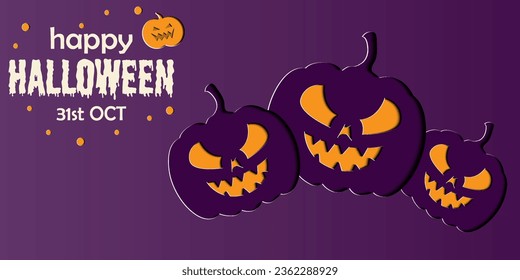 Happy Halloween banner or party invitation background in paper cut style.