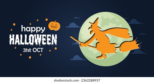 Happy Halloween banner or party invitation background in paper cut style.