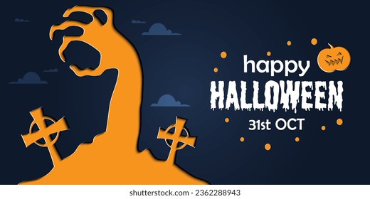 Happy Halloween banner or party invitation background in paper cut style.