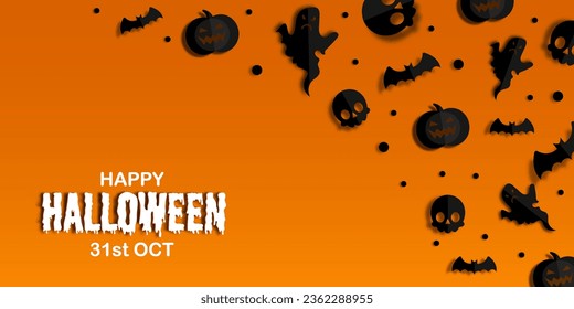 Happy Halloween banner or party invitation background in paper cut style.