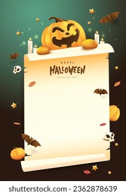 Happy Halloween banner or party invitation background with pumpkin holding old paper and Festive Elements Halloween
