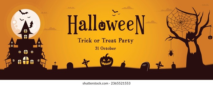 Happy Halloween banner or party invitation. Happy Halloween party celebration background Vector illustration. Halloween Pumpkins, Spiders and Bat.