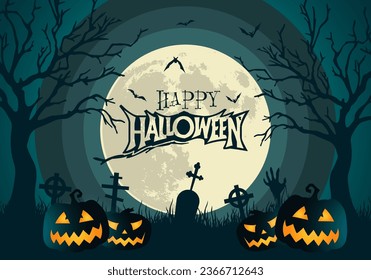 Happy halloween banner or party invitation Background with glowing pumpkins full moon and halloween text