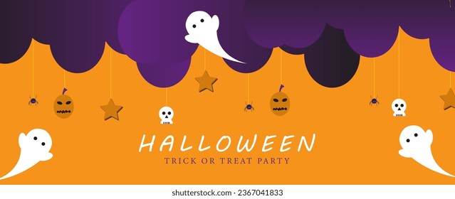 Happy Halloween banner or party invitation background with clouds, and pumpkins in paper cut style. Vector illustration. spider webs and stars. Place for text