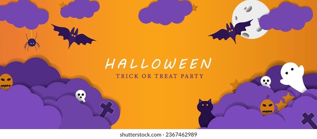 Happy Halloween banner or party invitation background with clouds, bats and pumpkins in paper cut style. Vector illustration. Full moon in orange sky, spider web, Place for text. vector