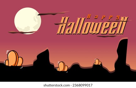 Happy Halloween banner or party invitation background with clouds, bats and pumpkins in paper cut style. Vector illustration. Full moon in orange sky, spider web