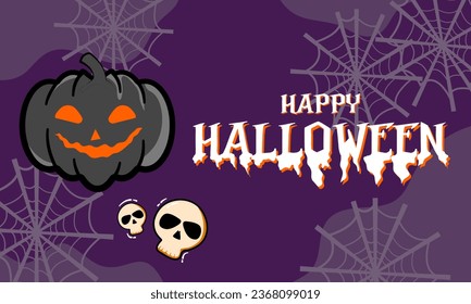 Happy Halloween banner or party invitation background with clouds, bats and pumpkins in paper cut style. Vector illustration. Full moon in orange sky, spider web
