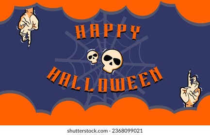 Happy Halloween banner or party invitation background with clouds, bats and pumpkins in paper cut style. Vector illustration. Full moon in orange sky, spider web