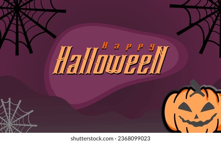 Happy Halloween banner or party invitation background with clouds, bats and pumpkins in paper cut style. Vector illustration. Full moon in orange sky, spider web