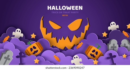 Happy Halloween banner or party invitation background in paper cut style.