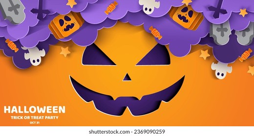 Happy Halloween banner or party invitation background in paper cut style.