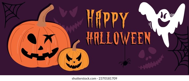 Happy Halloween banner or party invitation background with clouds, pumpkins . Vector illustration. Full moon in orange sky, spiders web and scary faces. Place for text