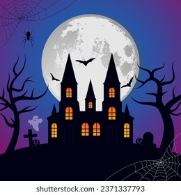 Happy Halloween banner or party invitation background with full moon castle bats cross pumpkins spiders ghost vector flat illustration
