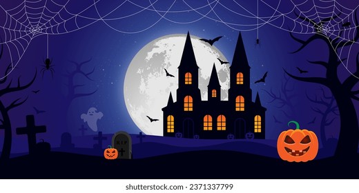 Happy Halloween banner or party invitation background with full moon castle bats cross pumpkins spiders ghost vector flat illustration
