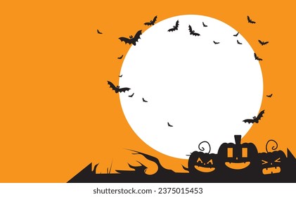 Happy Halloween banner, party invitation background with moonlight, bats and pumpkins. Orange background vector illustration.