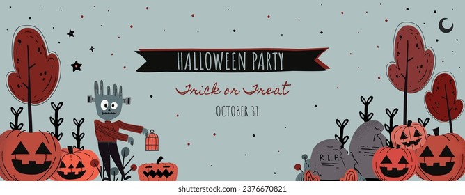 Happy Halloween banner or party invitation background with clouds, bats and pumpkins in paper cut style. Vector illustration. Full moon in orange sky, spiders web and witch cauldron. Place for text