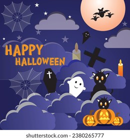 Happy Halloween banner or party invitation background with night clouds and pumpkins in paper cut style. . Full moon in the sky, spiders web and flying bats. 