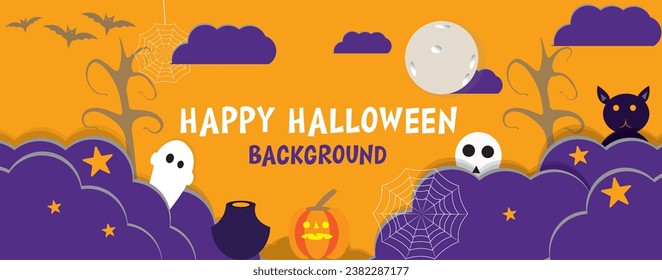 Happy Halloween banner or party invitation background with clouds, bats and pumpkins in paper cut style. Vector illustration. Full moon in orange sky, spiders web and witch cauldron. Place for text