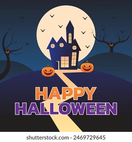 Happy halloween banner or party invitation background with violet fog clouds and pumpkins.