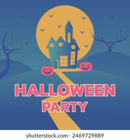 Happy Halloween banner or party invitation background with clouds, bats and pumpkins in paper cut style. Vector illustration. Full moon in orange sky, spiders web and witch cauldron. Place for text