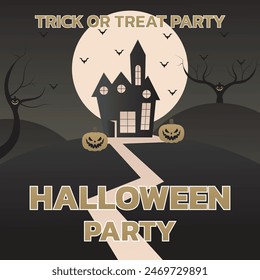 Happy Halloween banner or party invitation background with clouds, bats and pumpkins in paper cut style. Vector illustration. Full moon in orange sky, spiders web and witch cauldron. Place for text