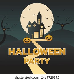 Happy Halloween banner or party invitation background with clouds, bats and pumpkins in paper cut style. Vector illustration. Full moon in orange sky, spiders web and witch cauldron. Place for text