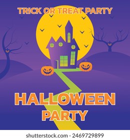 Happy Halloween banner or party invitation background with clouds, bats and pumpkins in paper cut style. Vector illustration. Full moon in orange sky, spiders web and witch cauldron. Place for text