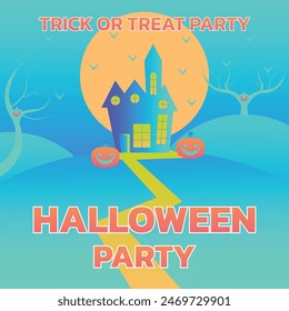 Happy Halloween banner or party invitation background with clouds, bats and pumpkins in paper cut style. Vector illustration. Full moon in orange sky, spiders web and witch cauldron. Place for text