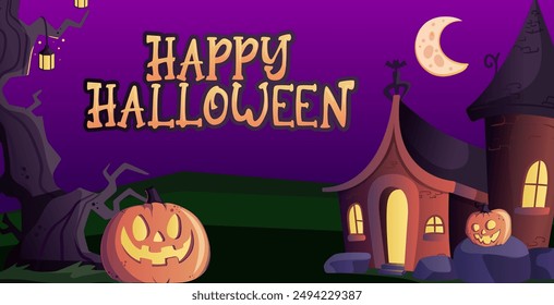 Happy halloween banner or party invitation background with violet fog clouds and pumpkins