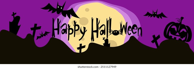 Happy Halloween banner or party invitation background with full moon, bats and pumpkins. Place for text