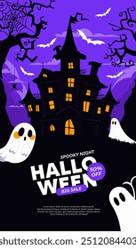 Happy halloween banner or party invitation background with violet fog clouds, ghost and pumpkins