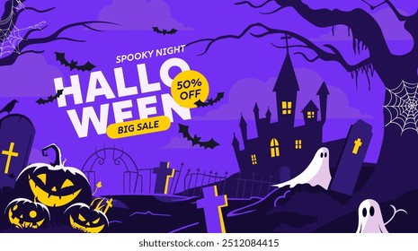 Happy halloween banner or party invitation background with violet fog clouds, ghost and pumpkins