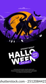 Happy halloween banner or party invitation background with violet fog clouds, ghost and pumpkins