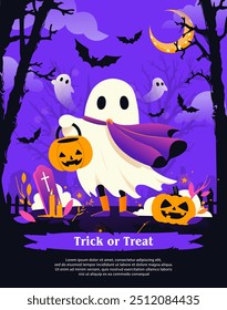 Happy halloween banner or party invitation background with violet fog clouds, ghost and pumpkins