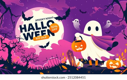 Fondo feliz de la invitación del Anuncio o del partido de Halloween con las nubes violetas de la niebla, el fantasma y las calabazas