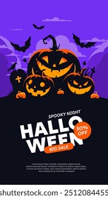 Happy halloween banner or party invitation background with violet fog clouds, ghost and pumpkins