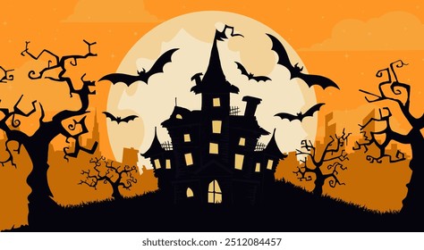 Happy halloween banner or party invitation background with violet fog clouds, ghost and pumpkins