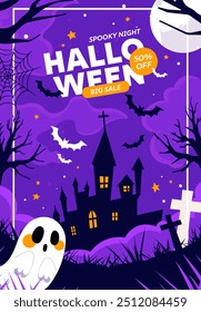 Happy halloween banner or party invitation background with violet fog clouds, ghost and pumpkins