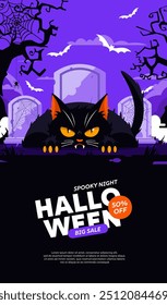 Happy halloween banner or party invitation background with violet fog clouds, ghost and pumpkins