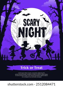 Happy halloween banner or party invitation background with violet fog clouds, ghost and pumpkins