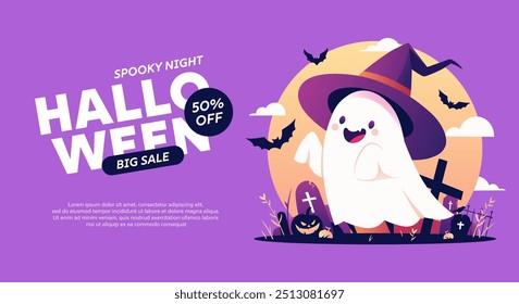 Happy halloween banner or party invitation background with violet fog clouds, ghost and pumpkins