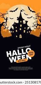 Happy halloween banner or party invitation background with violet fog clouds, ghost and pumpkins