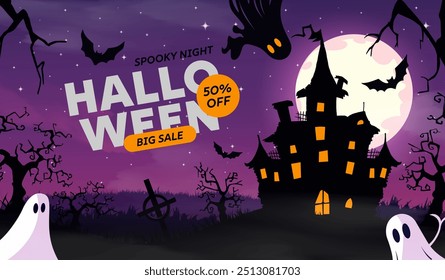 Happy halloween banner or party invitation background with violet fog clouds, ghost and pumpkins