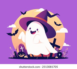 Happy halloween banner or party invitation background with violet fog clouds, ghost and pumpkins