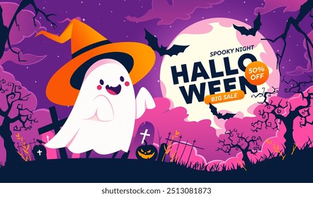 Happy halloween banner or party invitation background with violet fog clouds, ghost and pumpkins