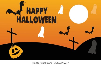 Happy Halloween banner or party invitation background with bats and pumpkins in paper cut style. Full moon in orange sky, spiders web and witch cauldron. Place for text. Vector illustration. EPS 10