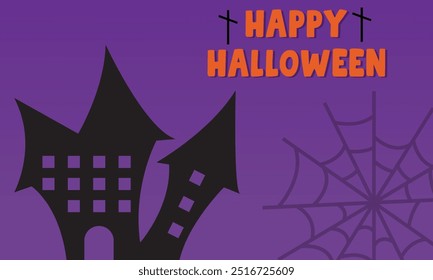 Happy Halloween banner or party invitation background with bats and pumpkins in paper cut style. Full moon in orange sky, spiders web and witch cauldron. Place for text. Vector illustration. EPS 10